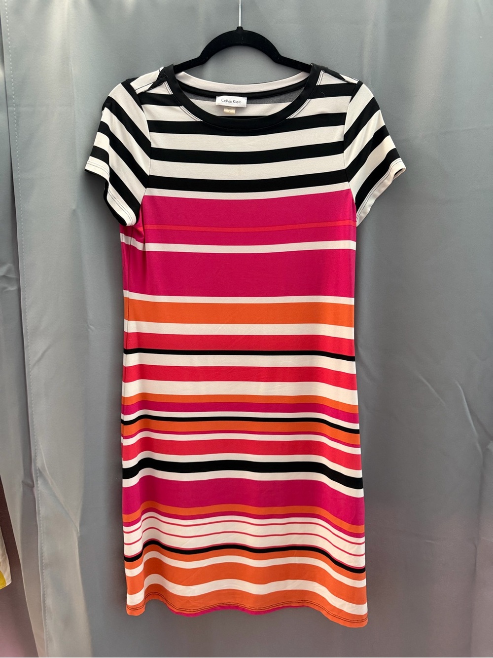 Calvin Klein Black, White, Pink & Orange Striped Short Sleeve Mini Dress